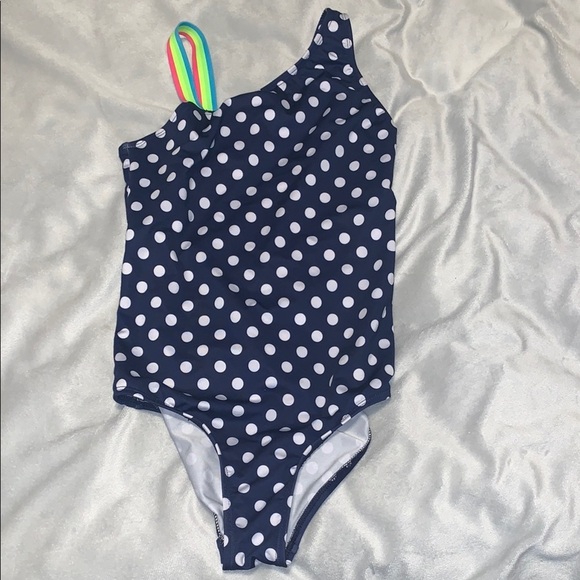 Lands' End girls navy blue polka dots Swimsuit with Rainbow Strap one piece 10 - Picture 1 of 6